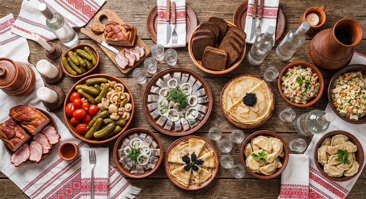 Gedeckte russische Festtafel mit traditionellen Speisen
