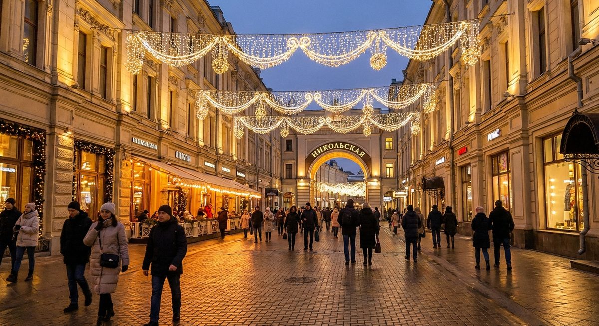 Die Nikolskaja-Straße mit festlicher Beleuchtung